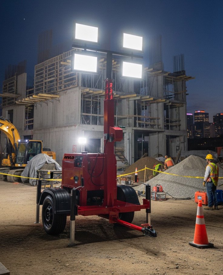 Torre de iluminação a diesel Revlo em obra noturna