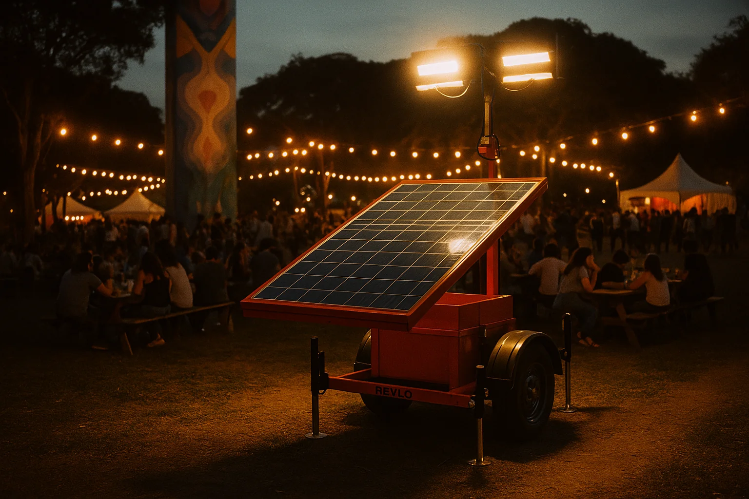 Torre de iluminação solar Revlo em evento ao ar livre